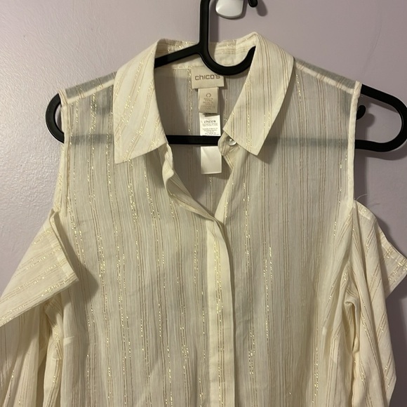 Chico’s Cream with Metallic Gold Stripe Cold Shoulder Long Sleeve Button Blouse - Picture 2 of 16